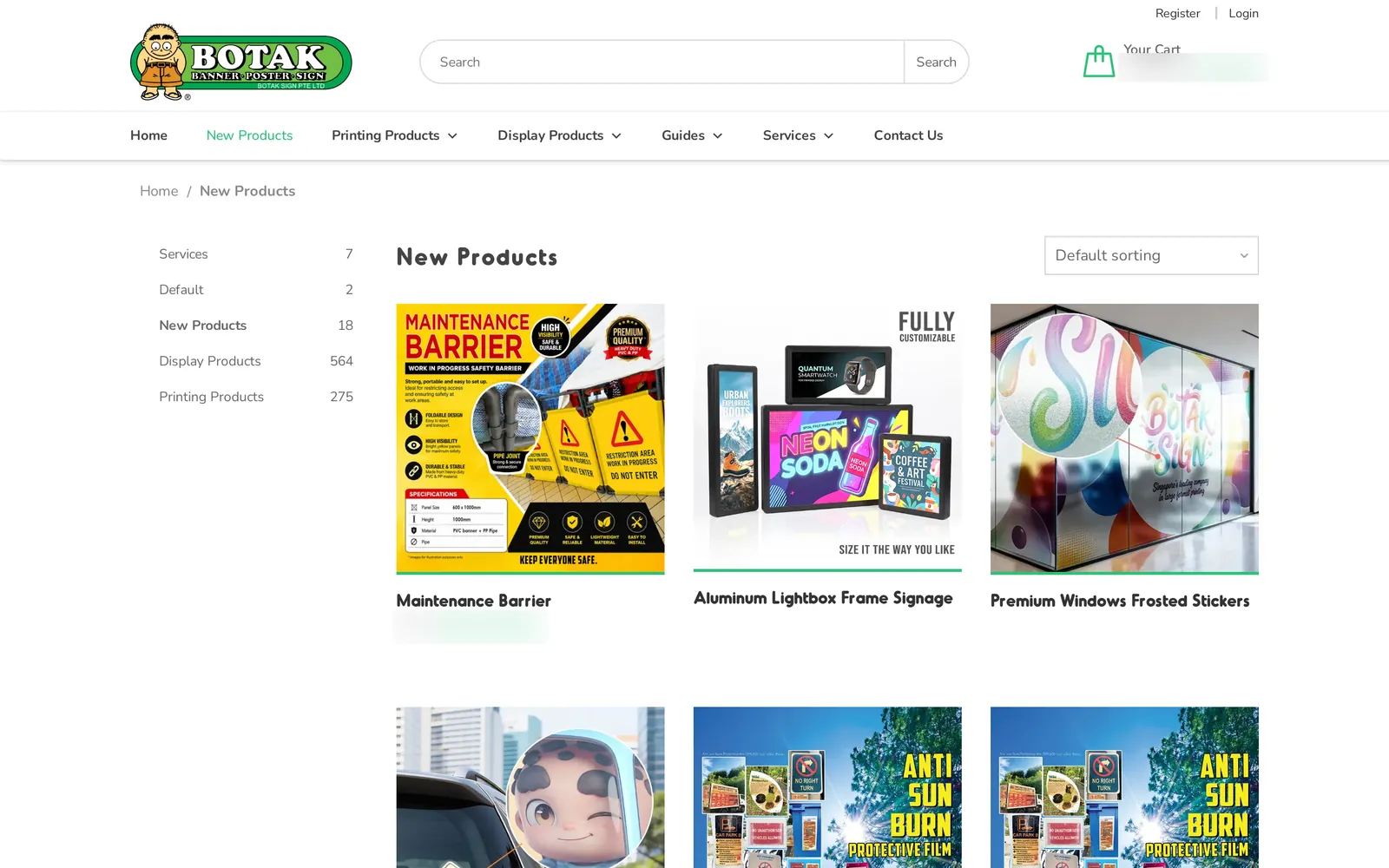 Botak Sign new products page listing signage products such as a maintenance barrier, a lightbox frame and frosted window stickers, with prices blurred