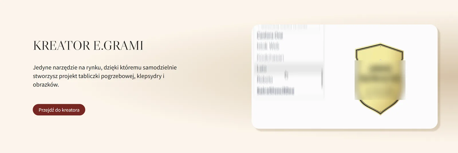 E.grami Kreator landing page in Polish, the entry point to the online creator, with a sample funeral plaque, name blurred and contact details cropped