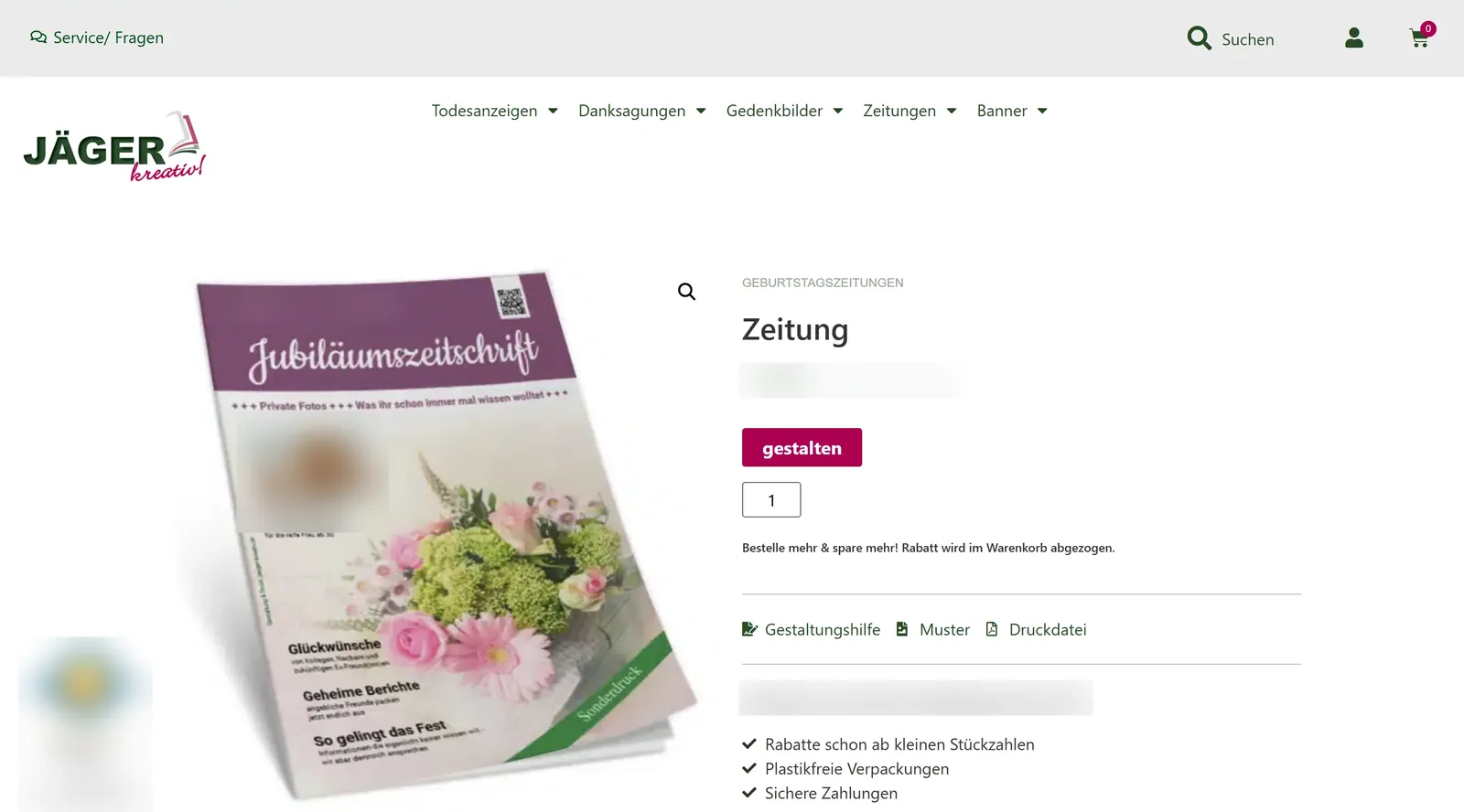 JÄGER kreativ product page for a personalised A4 newspaper with a design button and links to design help, a sample and a print file, prices blurred