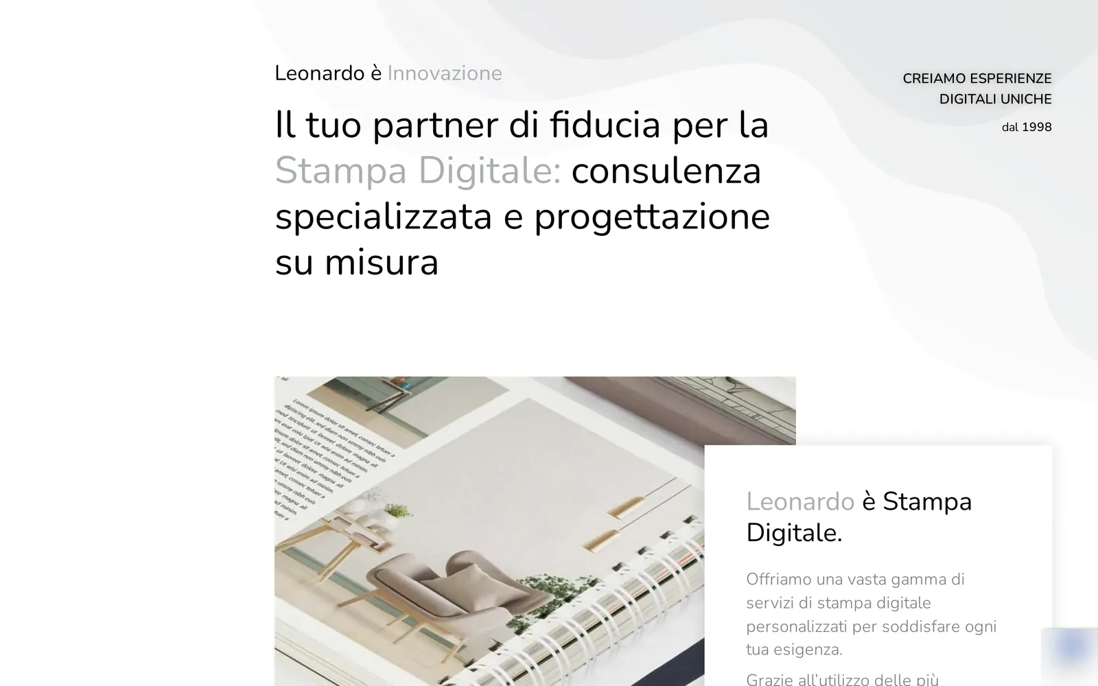 Leonardo Stampa Digitale Italian home page introducing its digital print consulting and custom design services
