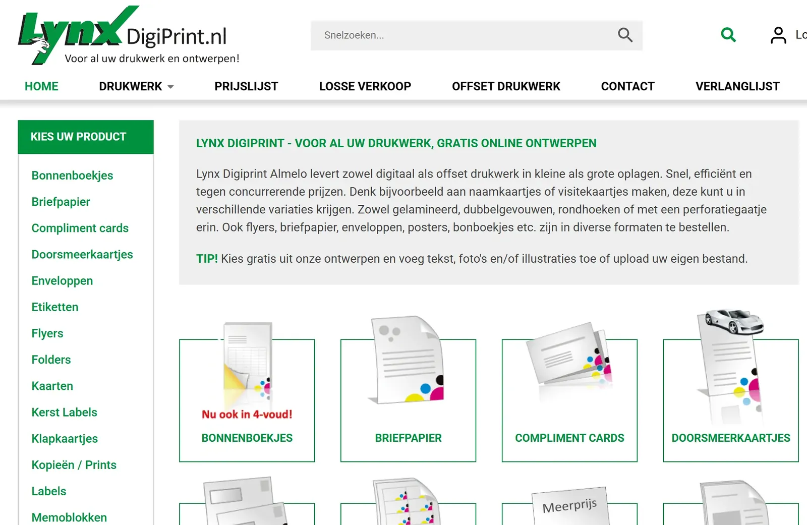 LynxDigiPrint Dutch storefront with its product list and an introduction to free online design on every product