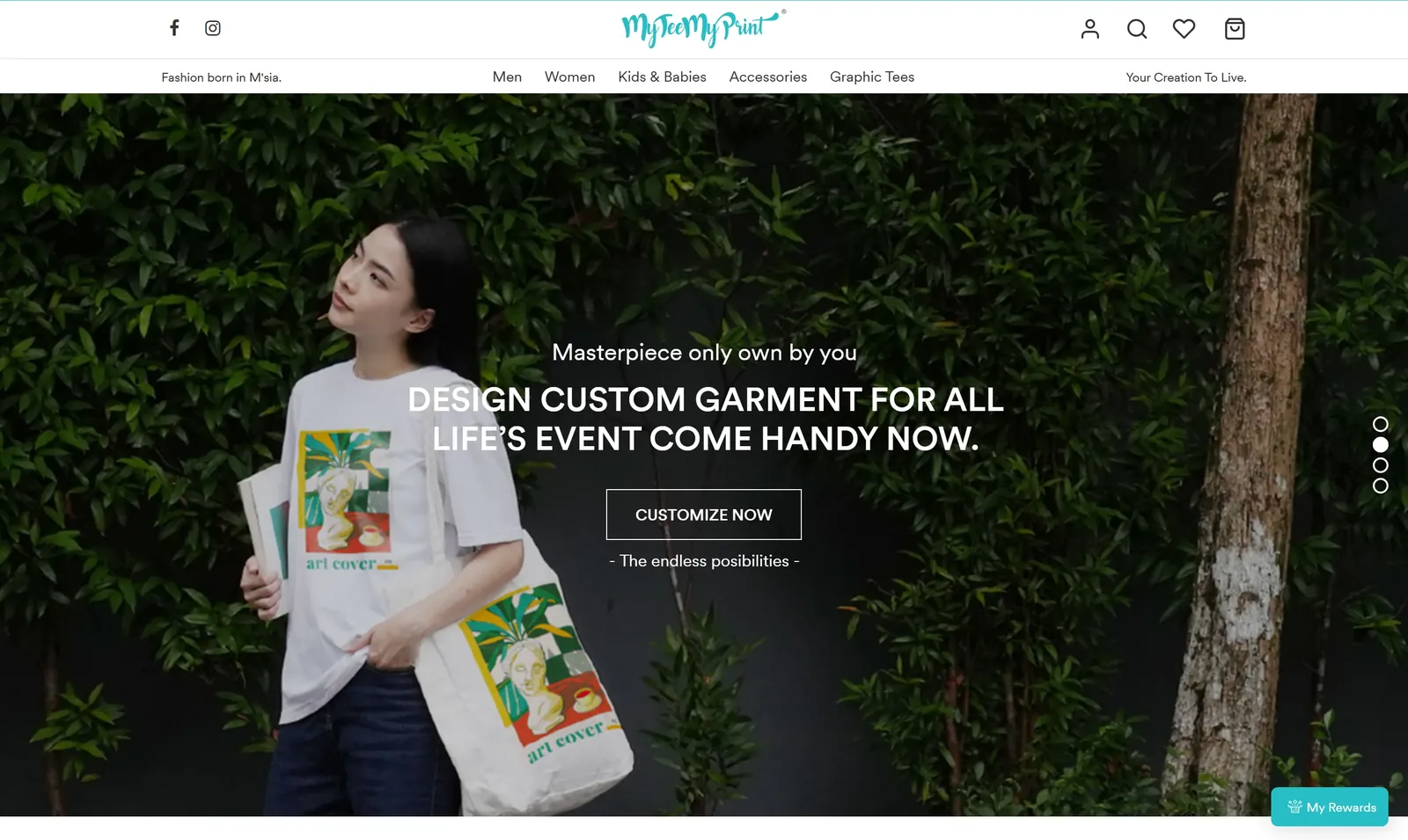 MyTeeMyPrint storefront home page with a hero inviting customers to design a custom garment and a customise button