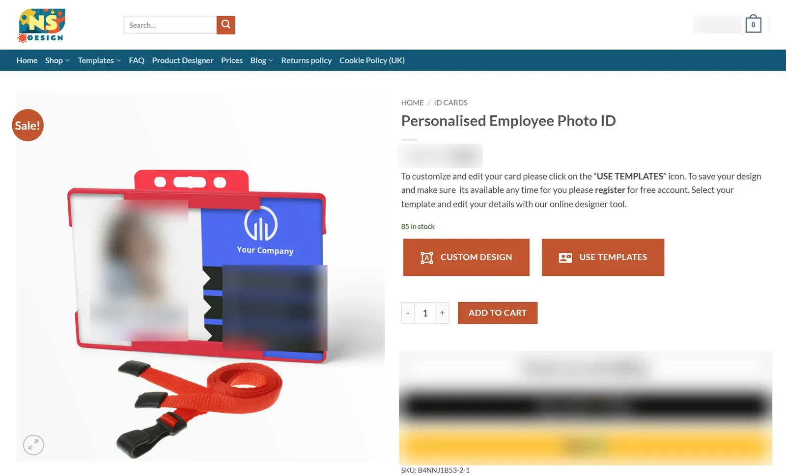 NS Design employee photo ID product page with custom design and use templates buttons, prices and sample details blurred