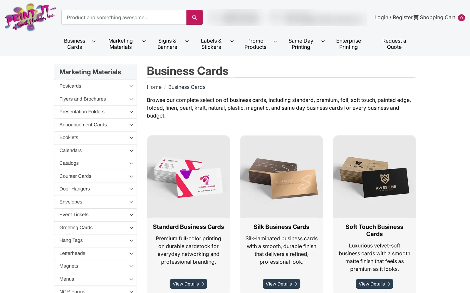 Print It of South Florida business cards category page listing standard, silk and soft touch cards, with the contact details blurred