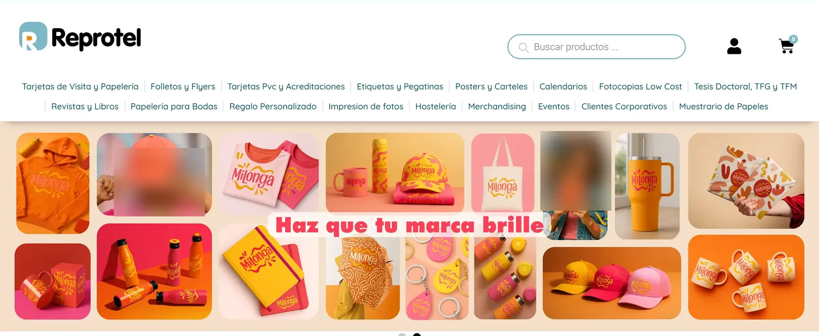 Reprotel storefront header with its Spanish product menu above a promotional banner of branded merchandise
