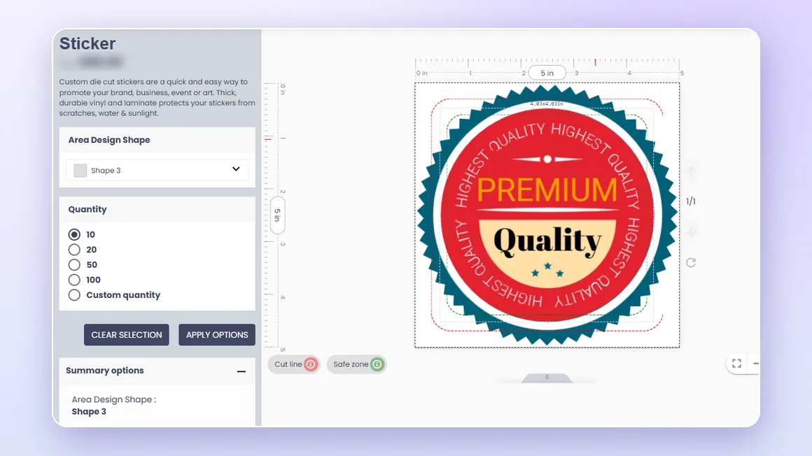 A sticker configurator with shape and quantity options next to the design canvas.