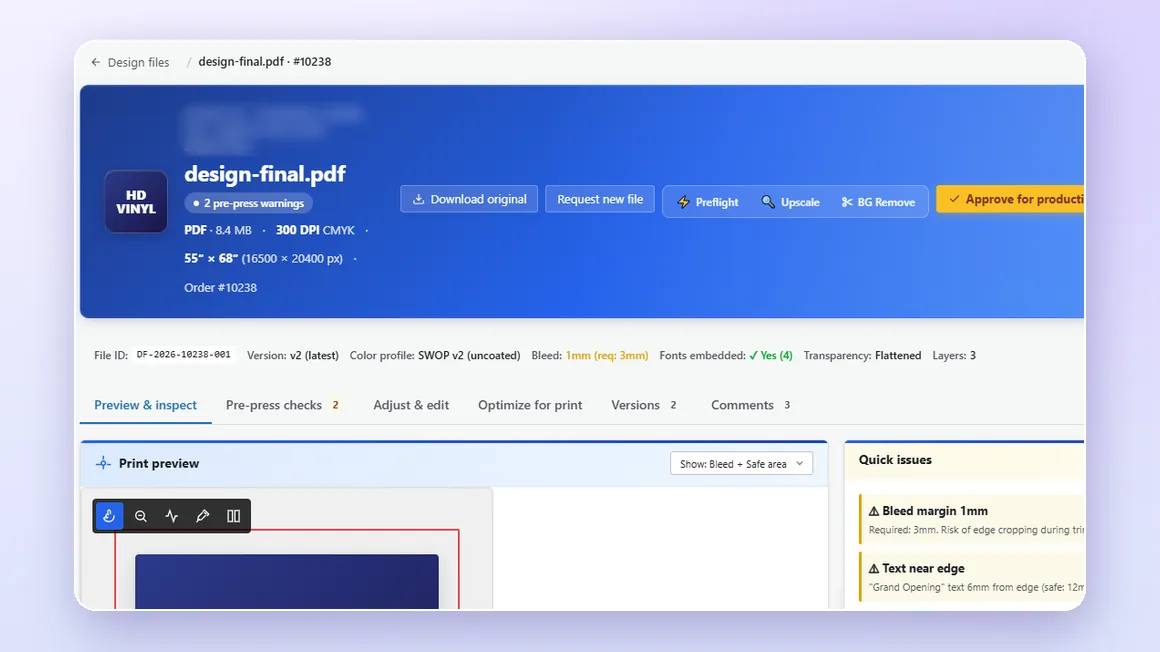 A design-file inspection page with pre-press warnings, file properties and an approve action.
