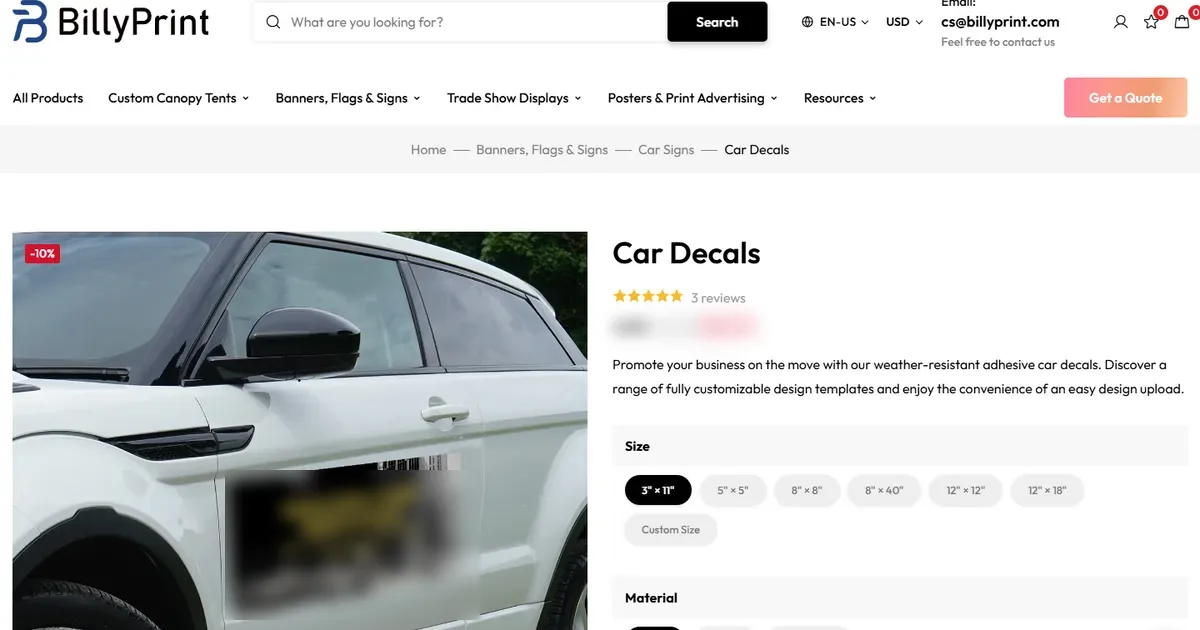 Screenshot of the BillyPrint storefront