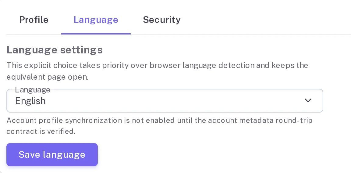 Language settings tab with a language drop-down and a save language button