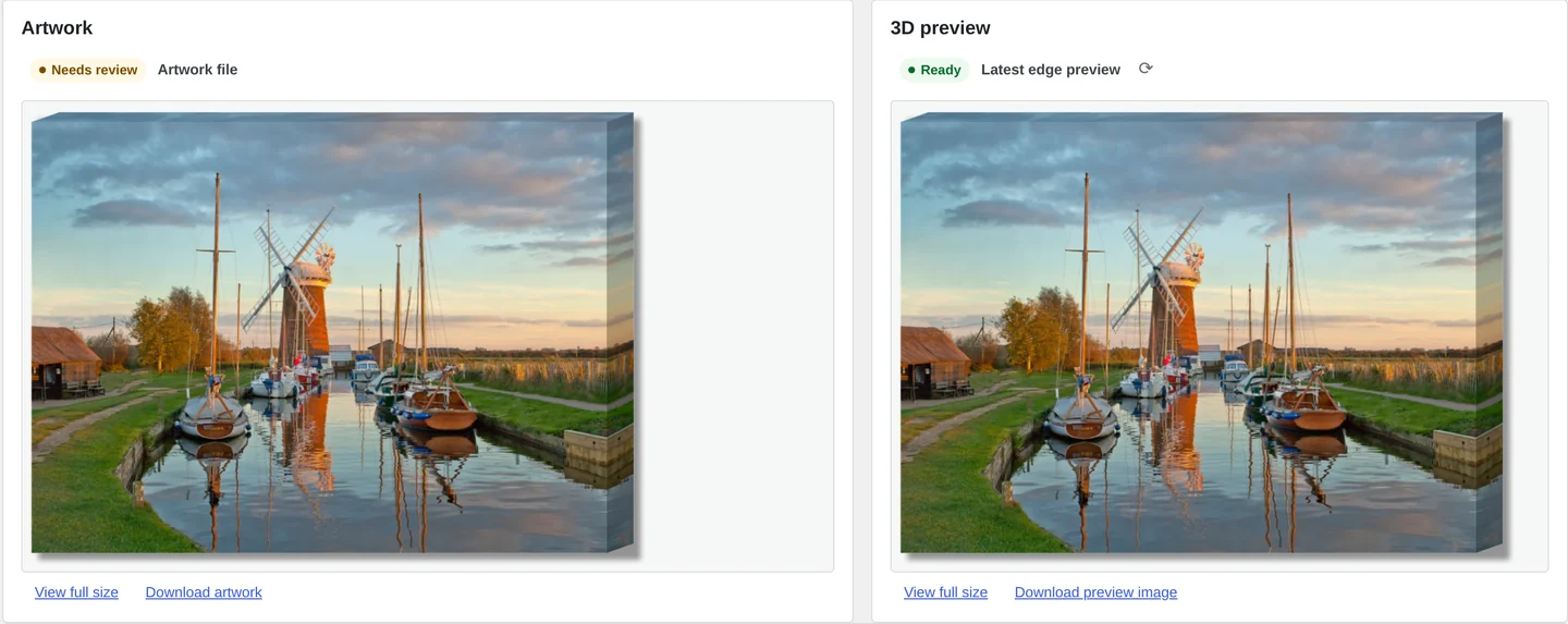 Order detail with the customer artwork beside its rendered 3D canvas edge preview