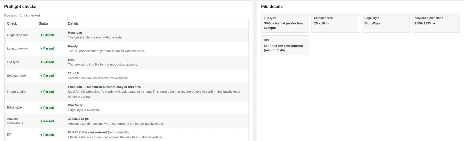 Artwork detail with a preflight checks table of passed results beside file details such as type, size and resolution