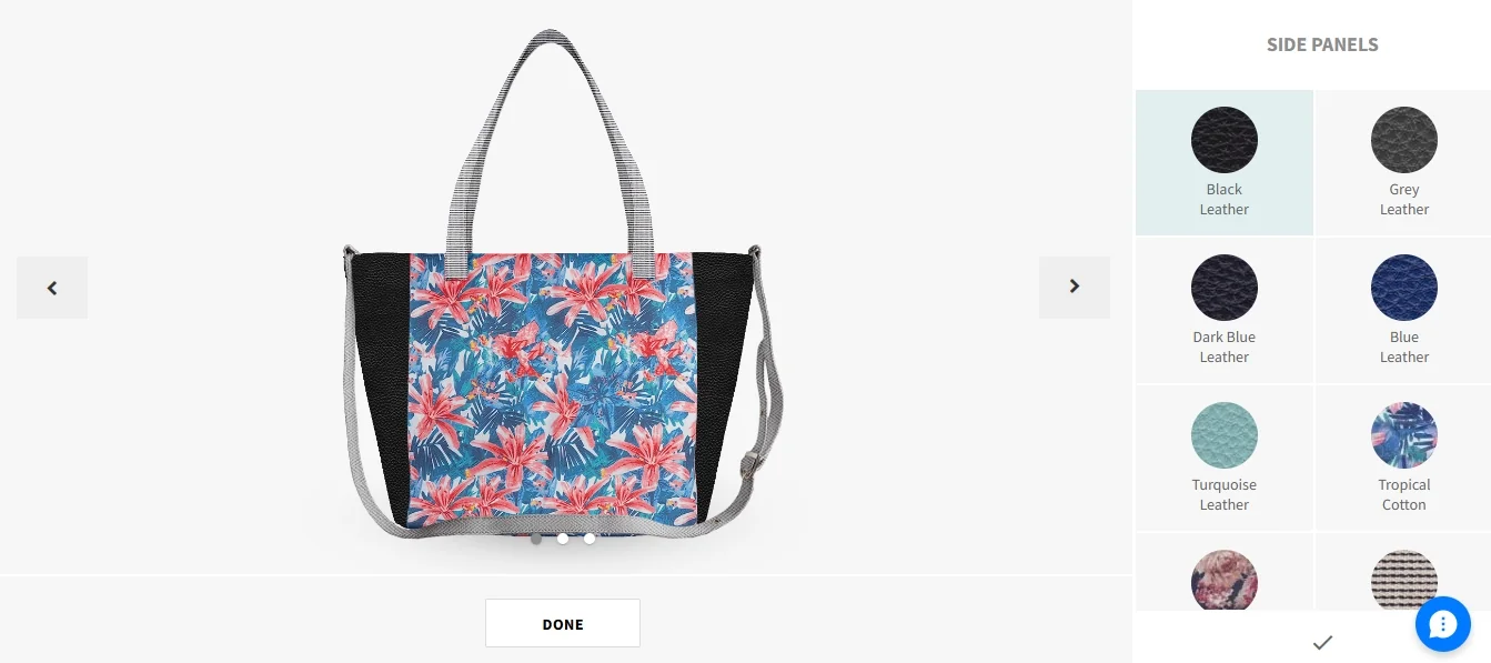 Rendered tote bag preview with a side panel list of leather and fabric materials to pick from