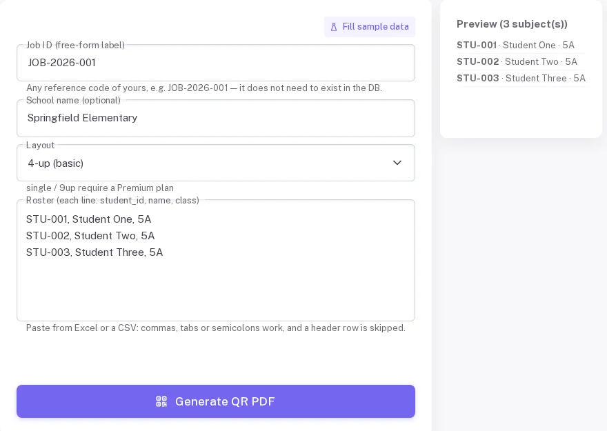 Roster entry form with a pasted three-line list of identifiers, names and classes beside a parsed three-subject preview