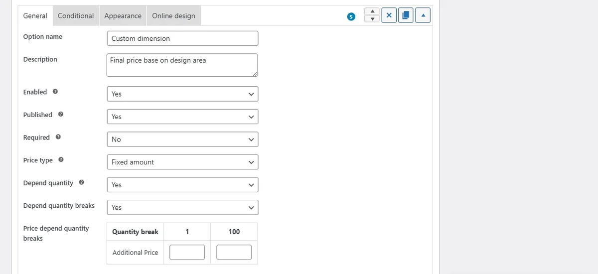 Option settings form for a custom dimension with price type, quantity dependence and quantity break fields
