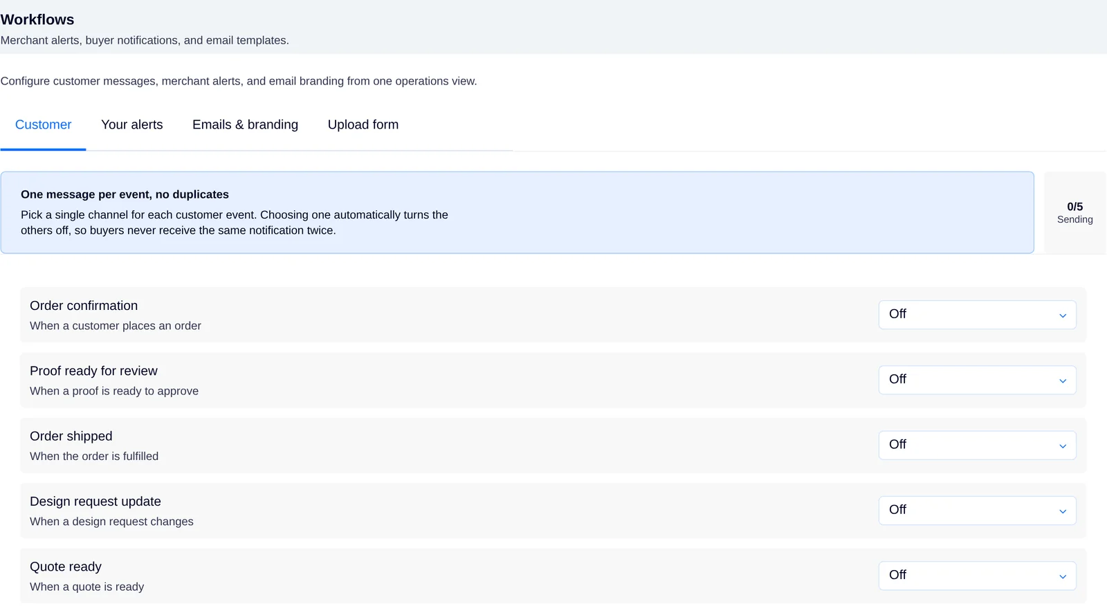 Workflow settings listing customer events such as order confirmation, proof ready and order shipped