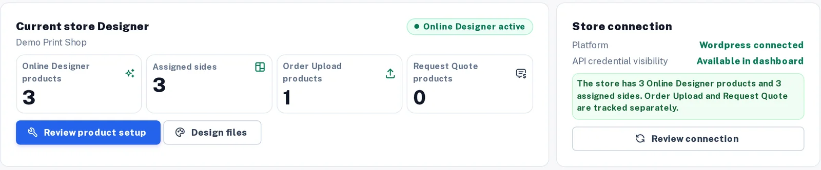 Designer settings summary counting online designer products, assigned sides, order upload products and quote products