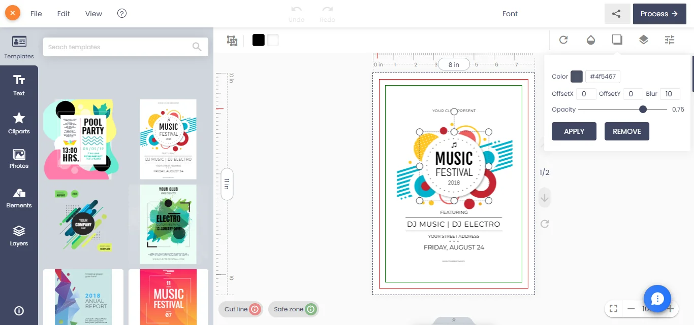 Flyer editor with a colour picker showing a hex value, offset, blur and opacity fields beside the artwork