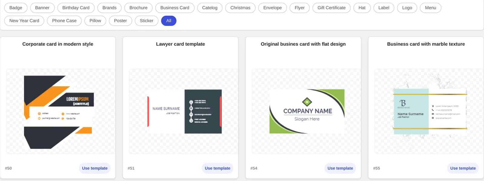 Template library with category chips and a grid of business card templates, each with a use template button