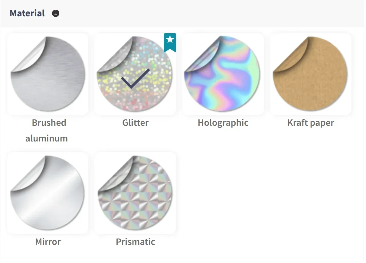 Material swatch options for a die-cut sticker: brushed aluminium, glitter, holographic, kraft paper, mirror and prismatic