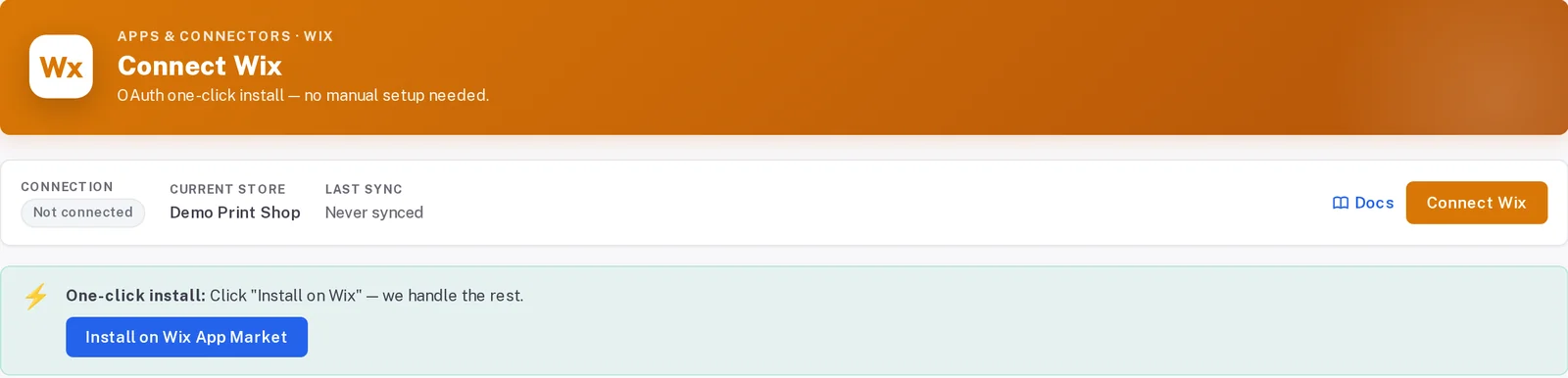Connect screen for a Wix site showing a not-connected status and a one-click install button that opens the app market