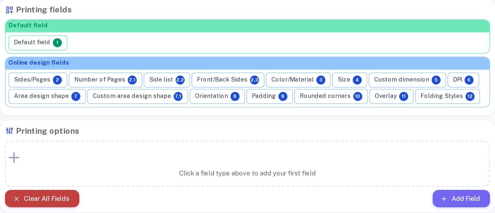 Option builder with a palette of field types such as sides, size, custom dimension, DPI and rounded corners above an empty options area