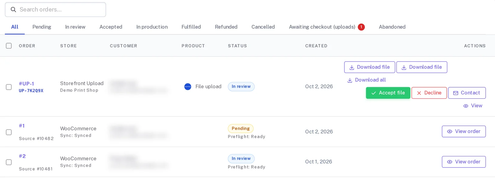 Orders list with status tabs and rows showing order reference, store, status, created date and a synced with preflight ready note