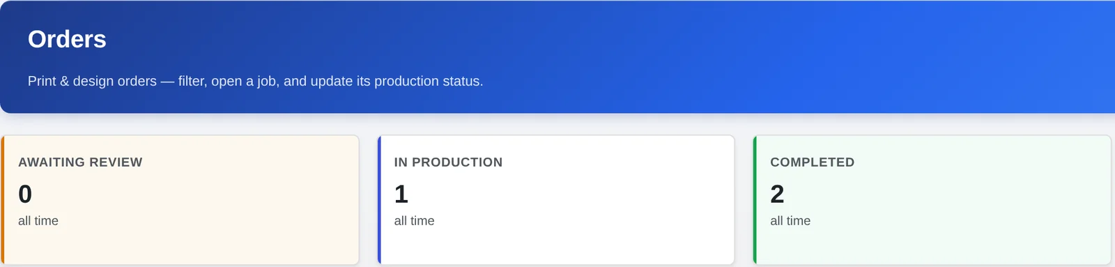 Orders screen with counters for awaiting review, in production and completed