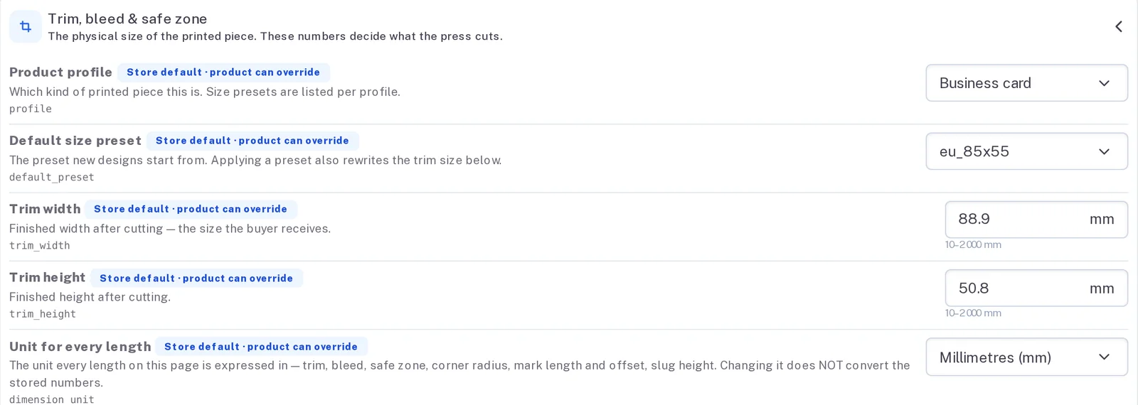 Prepress settings with product profile, trim width and height, a millimetre unit selector and a bleed amount field