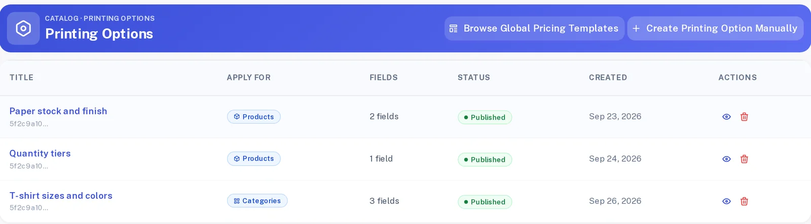 Printing options list with option sets, field counts and published status