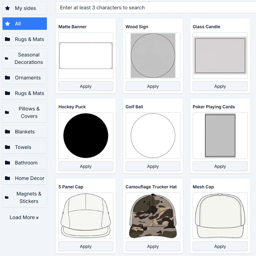 Side template library with reusable design-zone outlines for banners, signs, candles, cards and caps