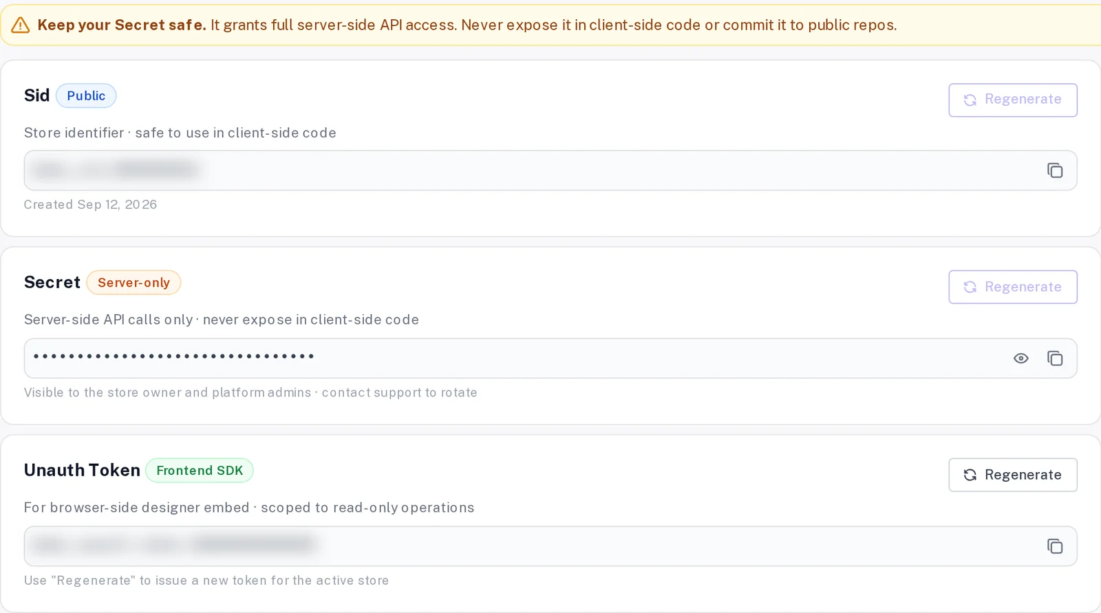 Credentials screen with a public store identifier, a masked server-only secret and a front-end token, each with a copy button