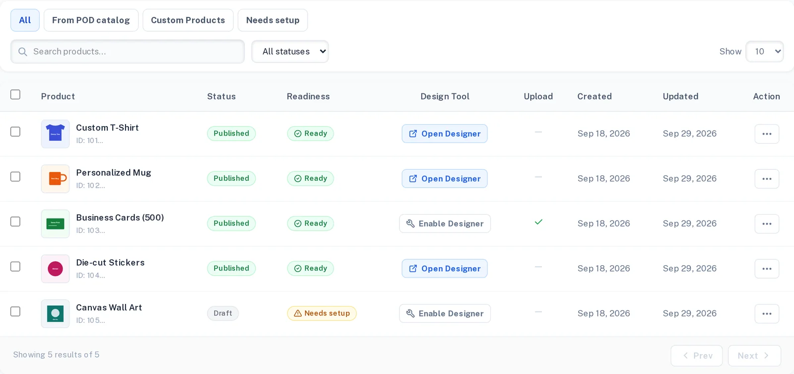 Store products list with published and draft statuses, readiness labels and a designer toggle for each product