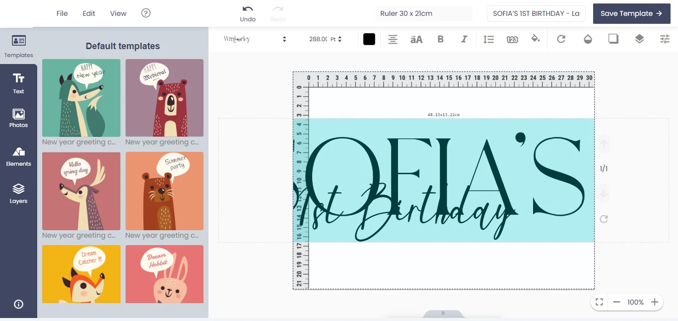 Template designer with thumbnails and a text toolbar