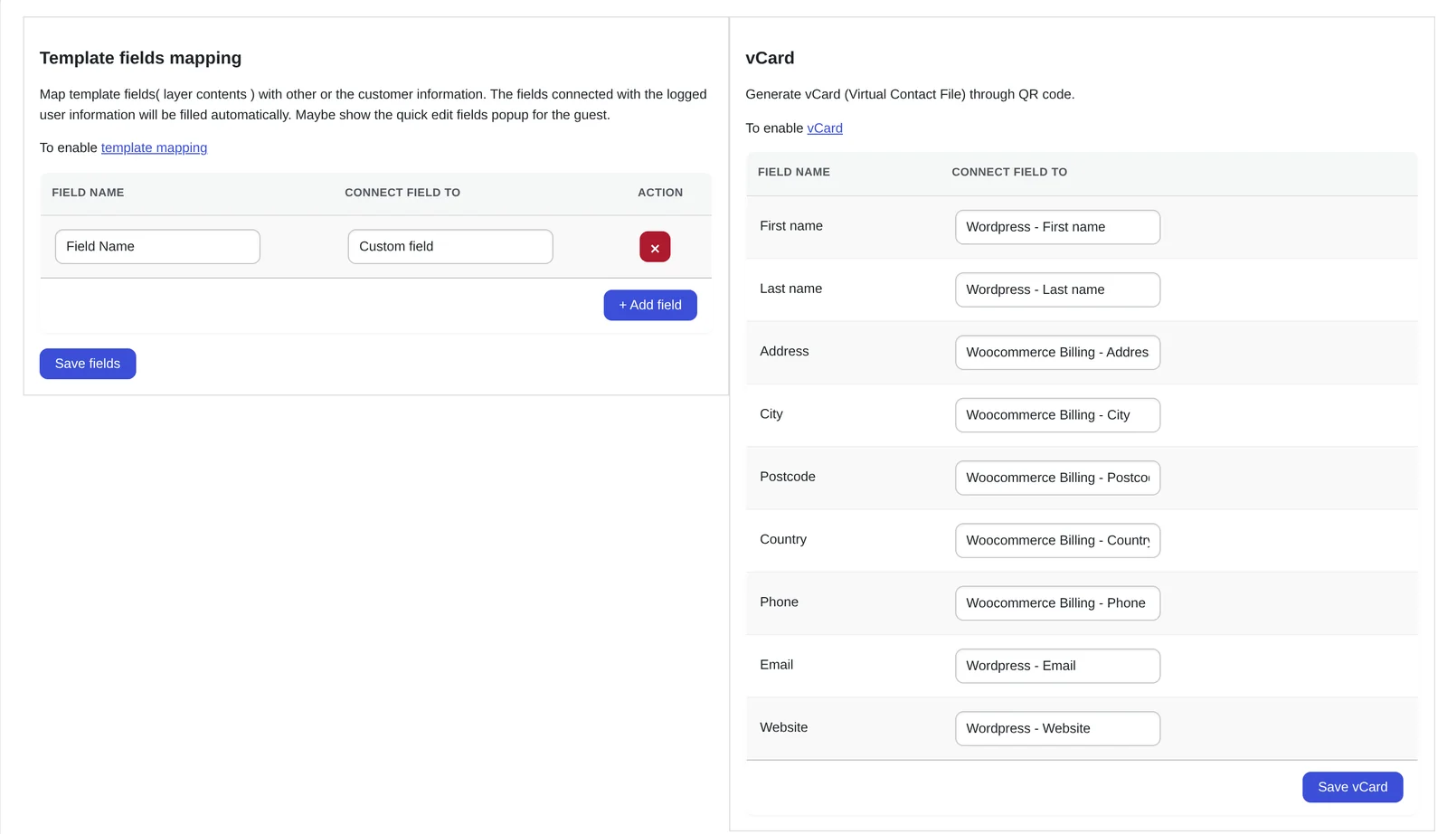 Template field mapping screen connecting template fields to customer details such as name, address, phone and email
