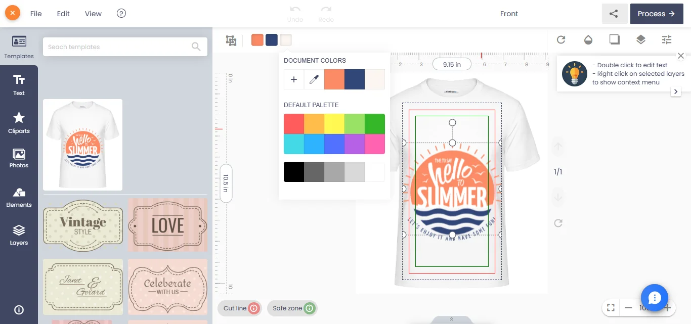 T-shirt editor with artwork placed inside the print area guides and a document colour palette open