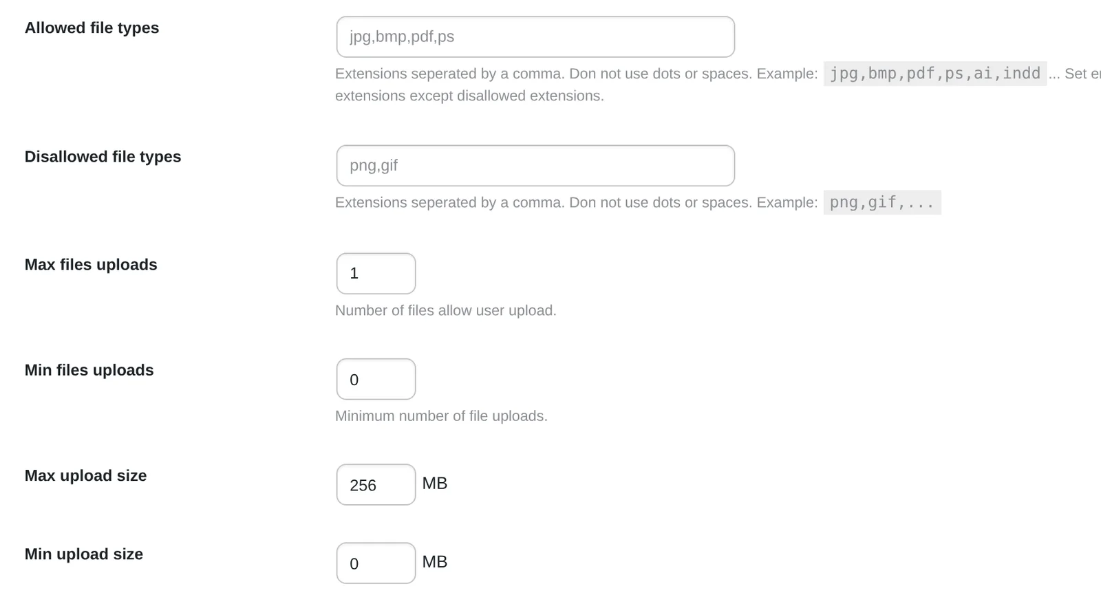 Upload settings with allowed and disallowed file types, file count limits and maximum upload size