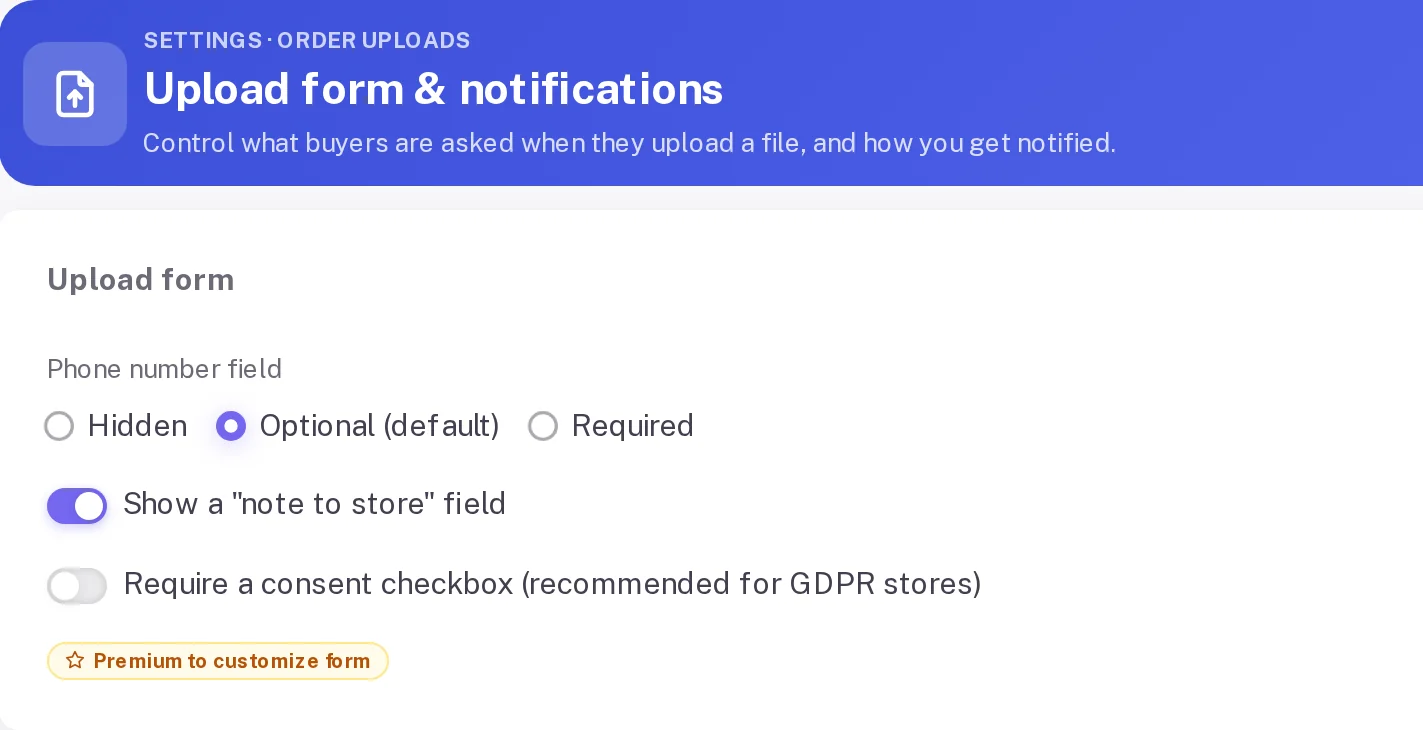 Upload form settings with a phone number field choice, a note field and a consent checkbox switch