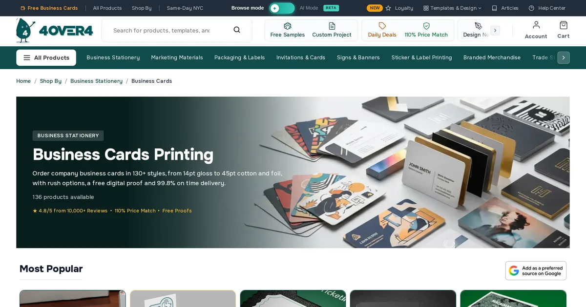 4OVER4 business cards category page with a banner, a breadcrumb and a row of popular card styles