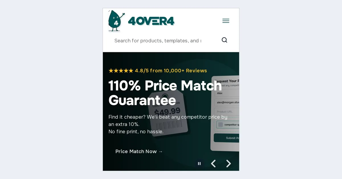 4OVER4 home page on a phone with a hero banner and a benefit list that includes a free online designer