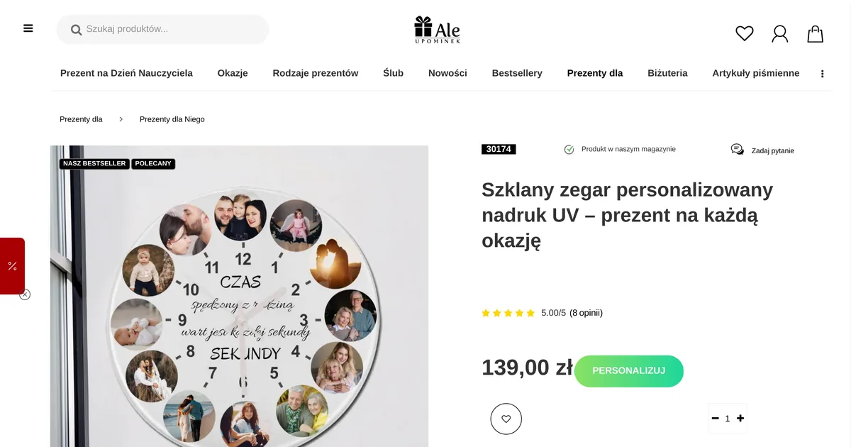 Ale Upominek personalised glass clock product page with a Personalizuj button beside the price