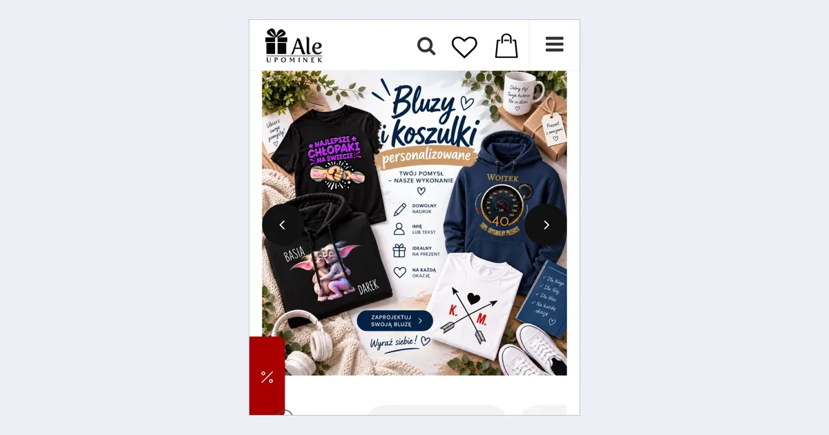 Ale Upominek home page on a phone with the hoodies and T-shirts banner