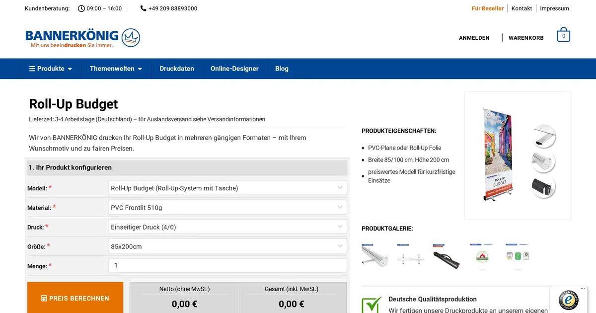 BannerKoenig Roll-Up Budget product page with a configuration form for model, material, print and size