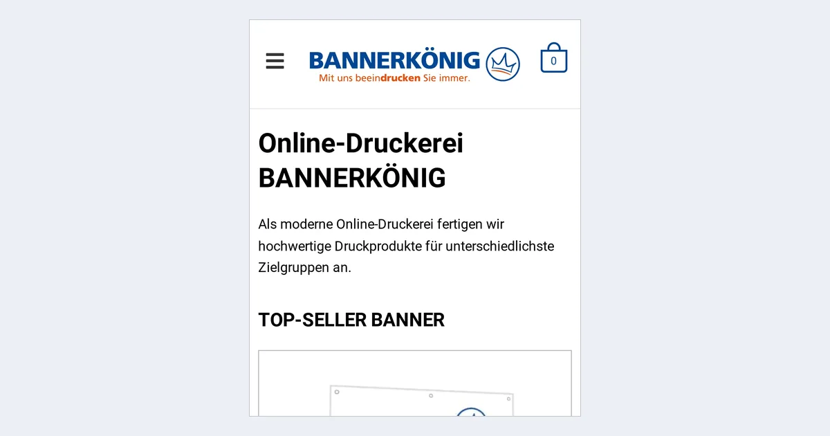 BannerKoenig home page on a phone, with the logo, cart and the heading Online-Druckerei