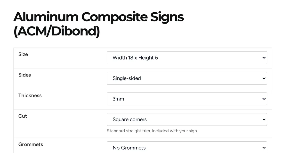 Bastrop Signs aluminum composite sign product page with option menus for size, sides, thickness, cut and grommets
