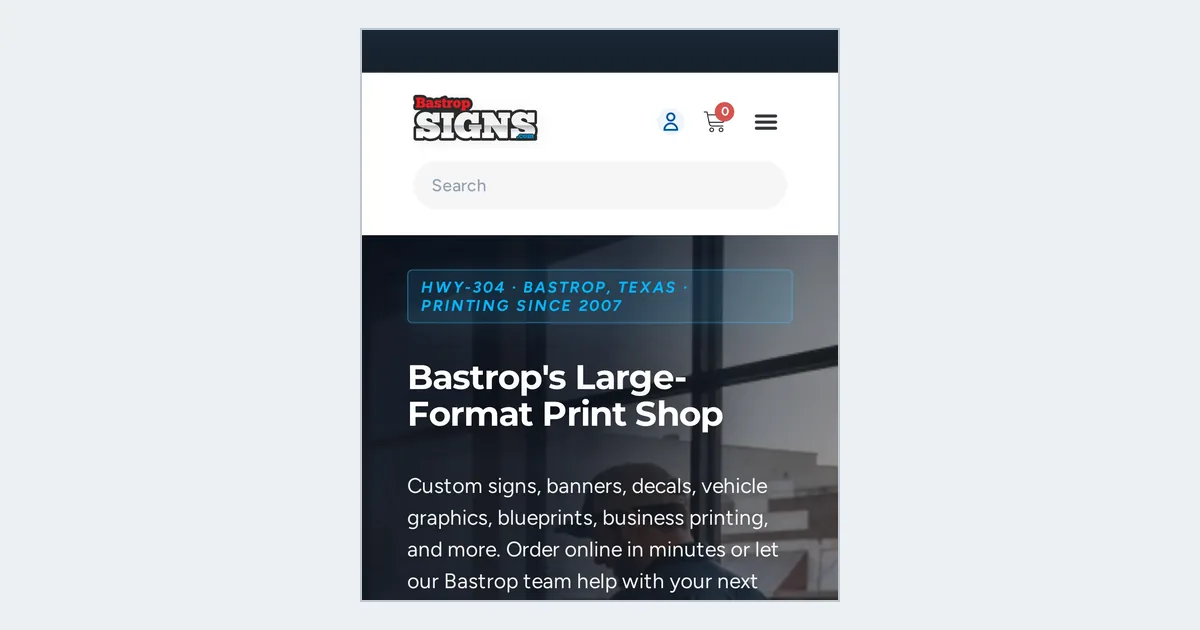 Bastrop Signs home page on a phone, with the logo, search box and large-format print shop headline