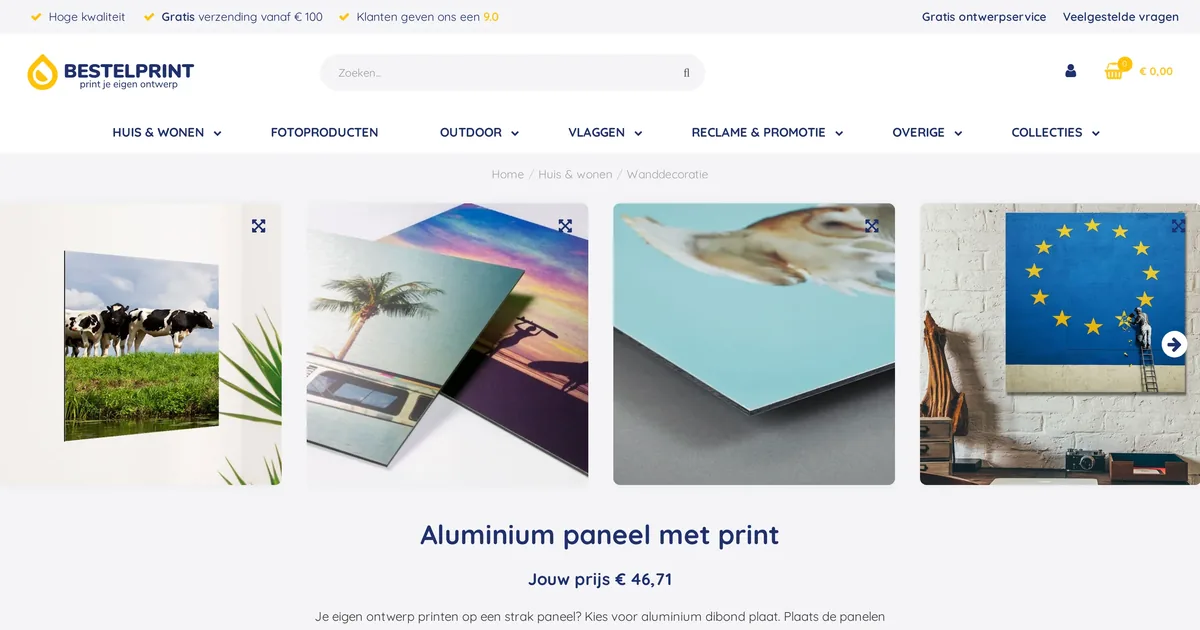 Bestelprint aluminium panel with print product page with example photographs and a start-ordering block
