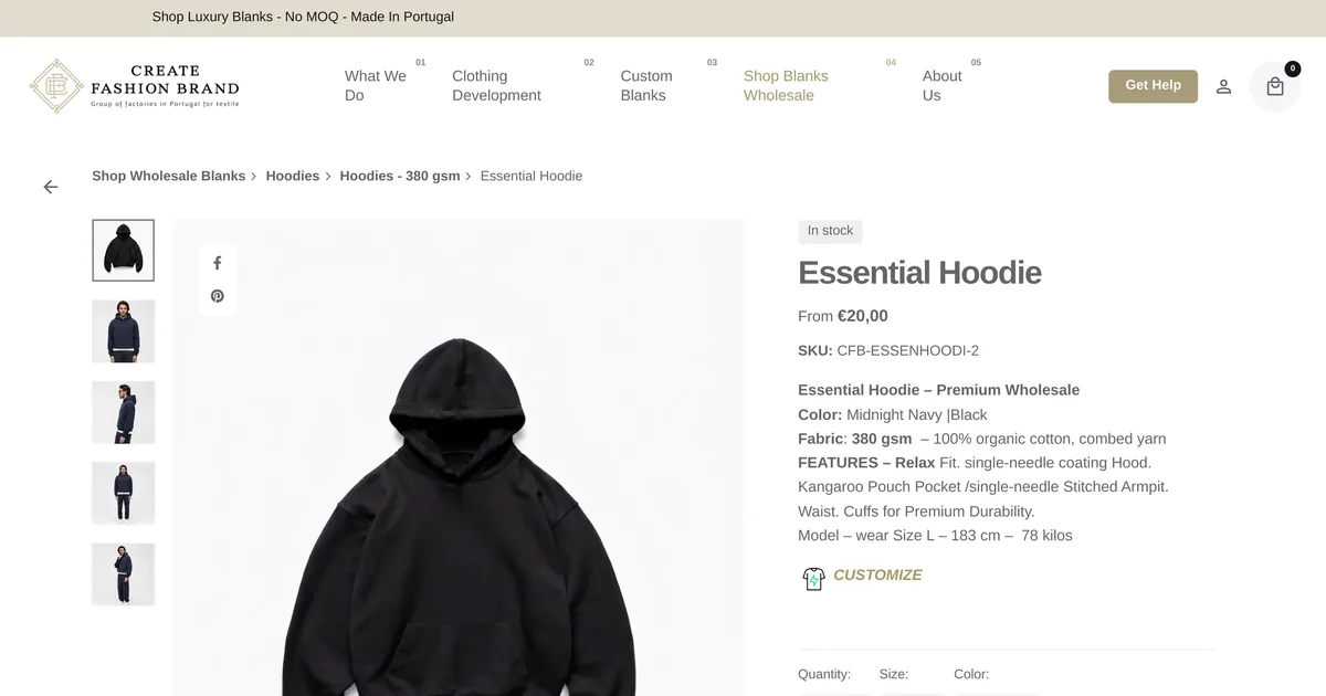 Create Fashion Brand Essential Hoodie product page with a photo strip and a Customize link