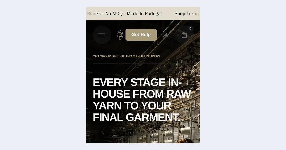 Create Fashion Brand home page on a phone with a dark hero reading Every stage in-house from raw yarn to your final garment