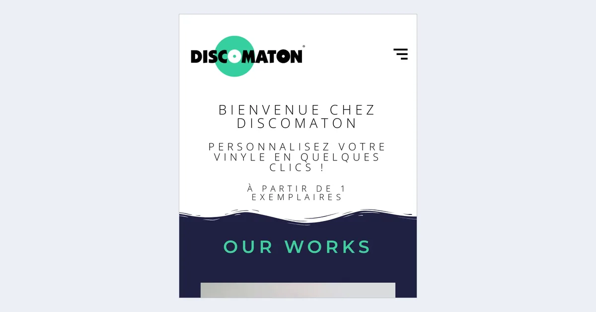 Discomaton home page on a phone with the logo, menu icon and the welcome headline