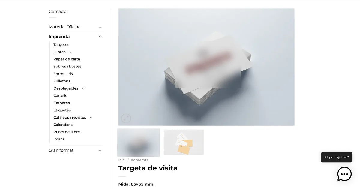 Impremta Mater business card product page with a category sidebar and a product gallery, with the sample card artwork blurred